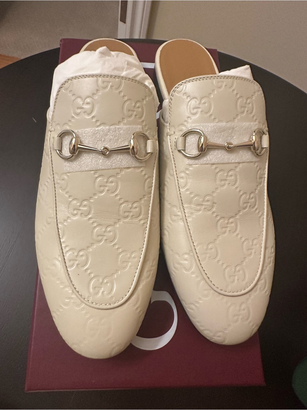 Gucci Cream Embossed GG Leather Horsebit Princeton Mules